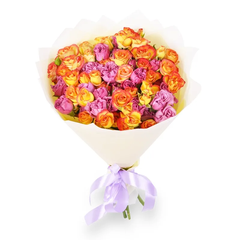 Букет из 11 кустовых оранжевых и фиолетовых роз